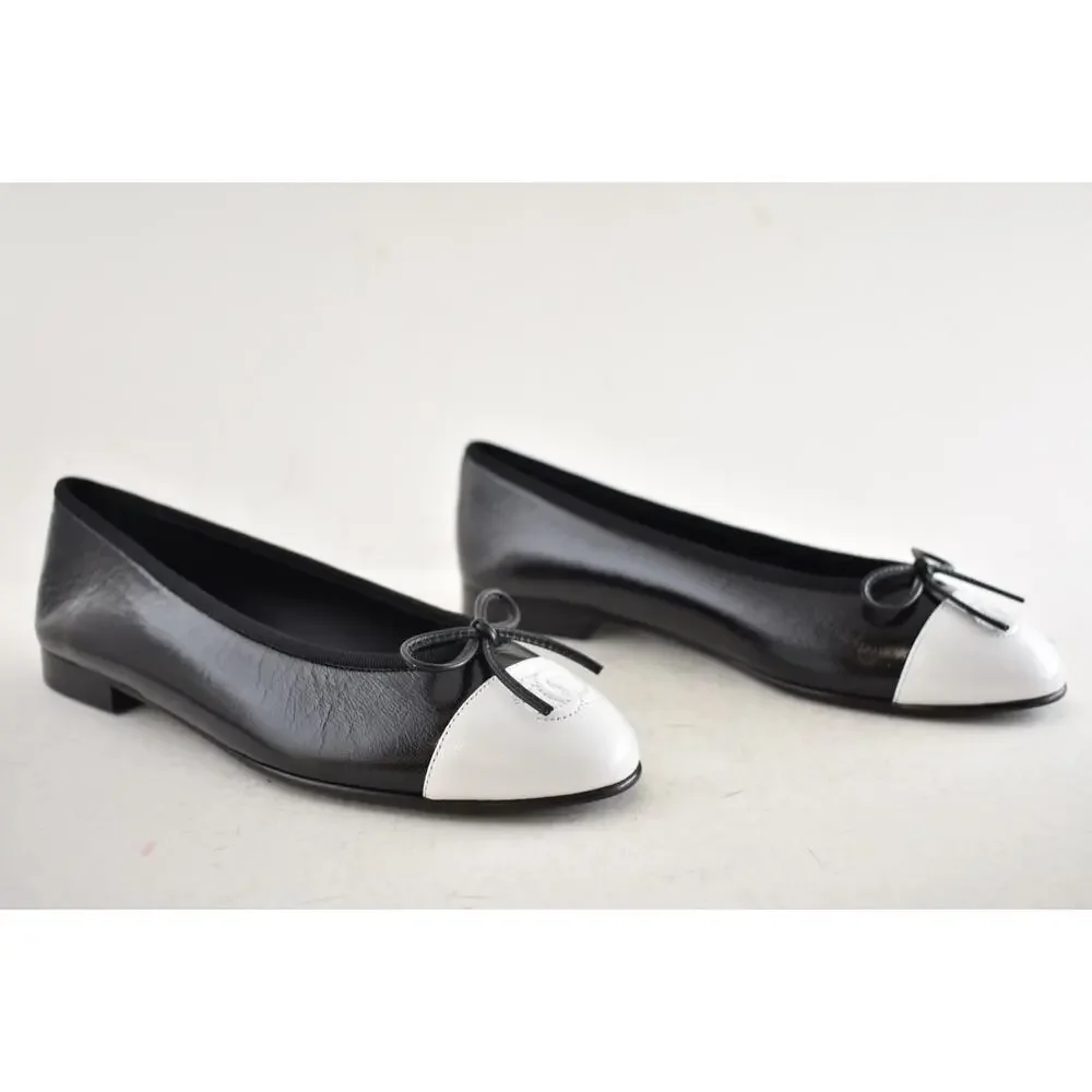 Chanel 26S Black White Crumpled Shiny Lambskin CC Bow Ballet Ballerina Flat 39.5 - Picture 4 of 16